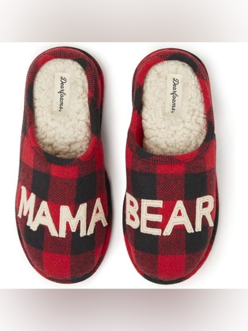 NWOT DearFoams Red and Black Plaid 'Mama Bear' Slippers